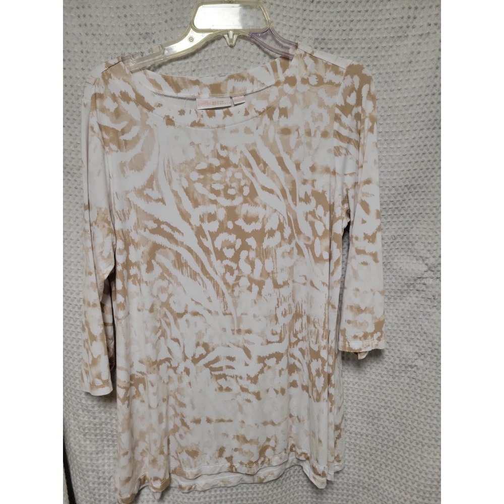 Belle by Kim Gravel Top Womens Medium 3/4 Sleeve Beige  Cream Print - Picture 3 of 4
